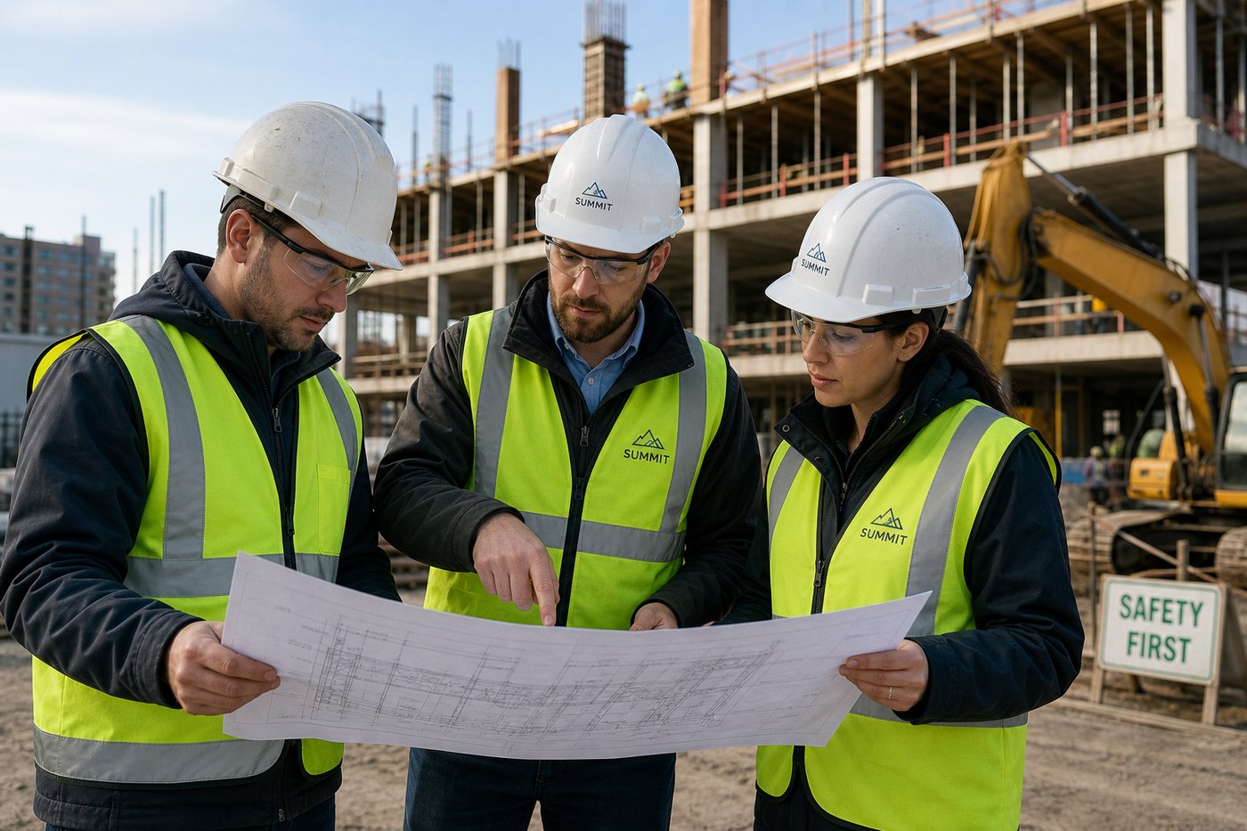 MongoBuild engineers reviewing plans on a construction site