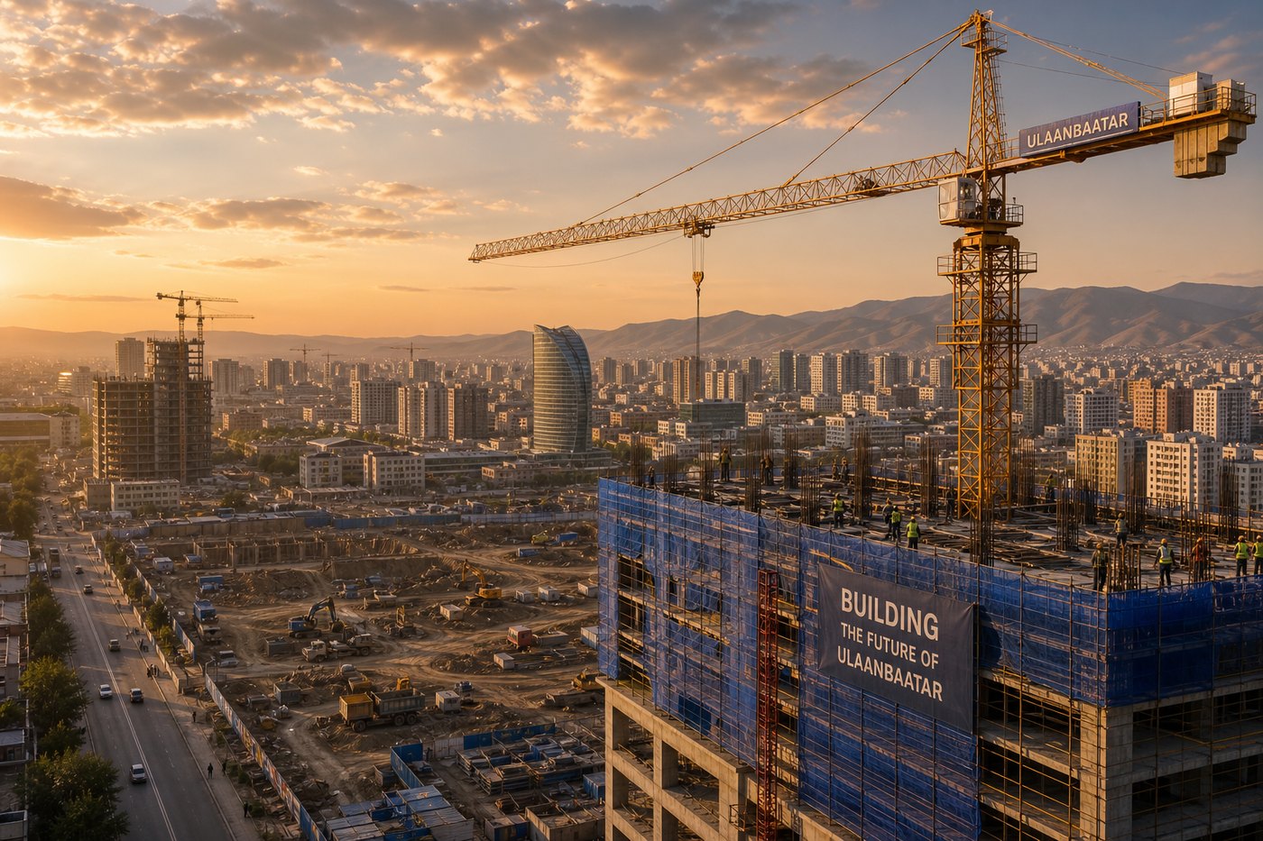 Construction site with cranes under a wide blue Mongolian sky in Ulaanbaatar