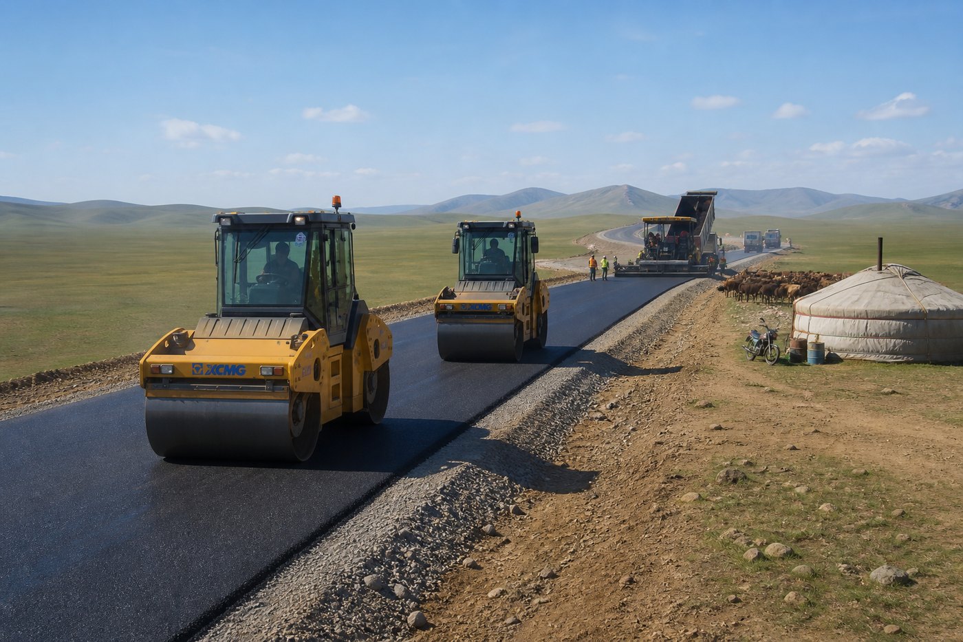 Road and infrastructure construction across the Mongolian steppe